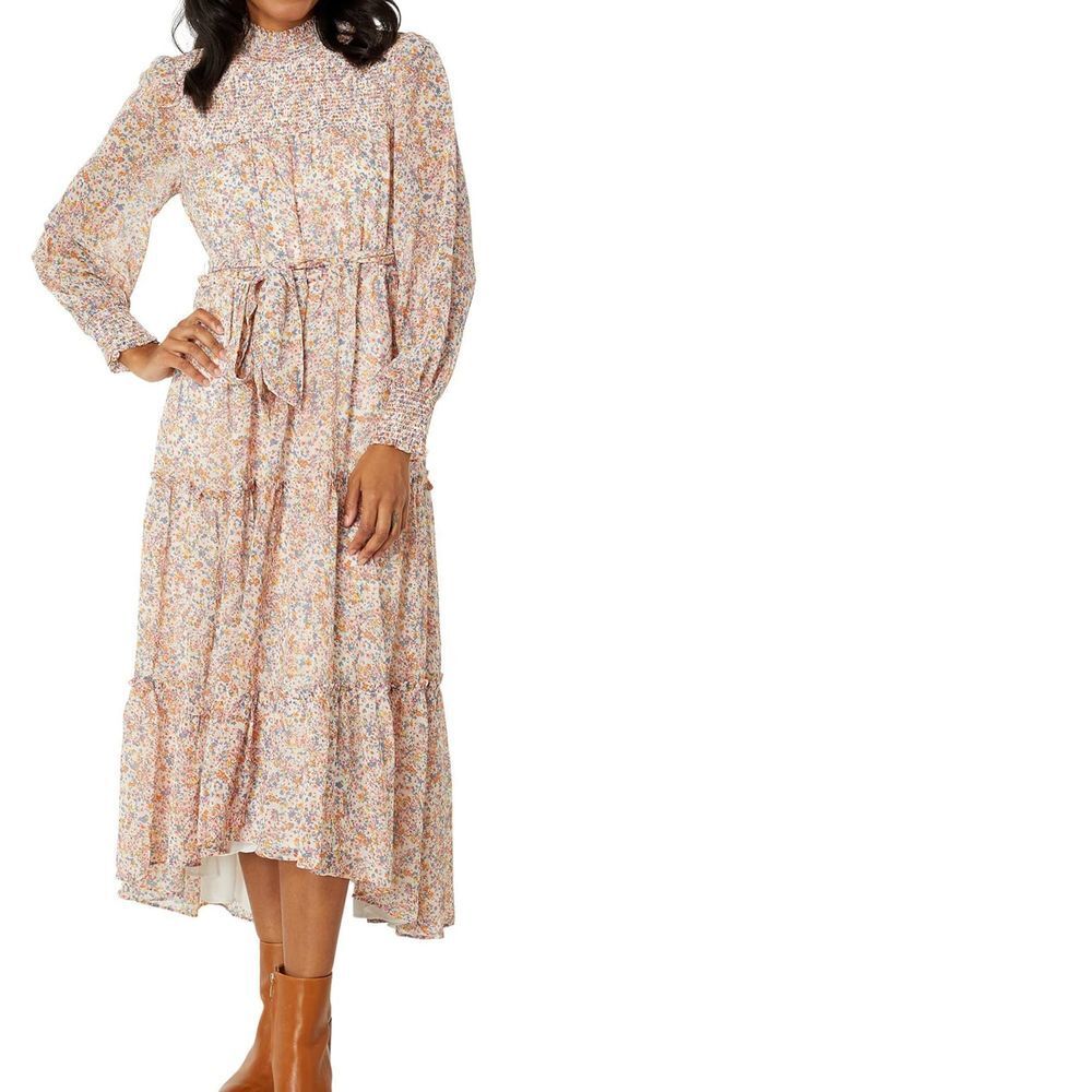 1.STATE Long Sleeve‎ Smocked Neck and Yoke Midi Dress Sweet Blooms XS floral pb1